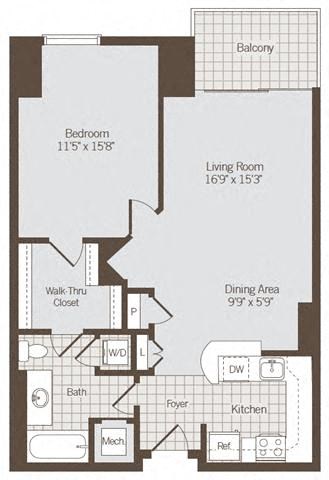 1 bedroom 1 bath floor plan I at Bennett Park Apartments, Arlington, Virginia