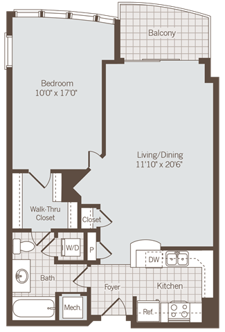 1 bedroom 1 bath floor plan Dat Bennett Park Apartments, Arlington, Virginia