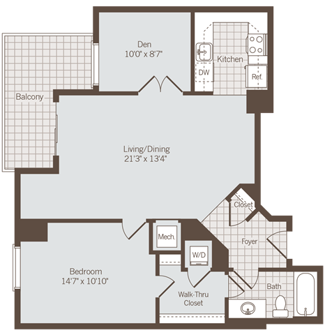 1 bedroom 1 bath floor plan N at Bennett Park Apartments, Arlington, VA