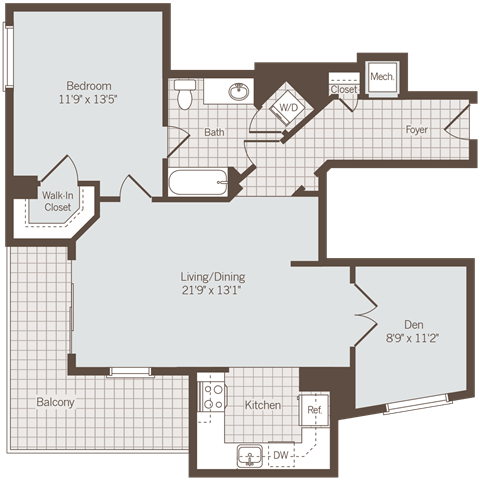 1 bedroom 1 bath floor plan M at Bennett Park Apartments, Arlington, VA, 22209