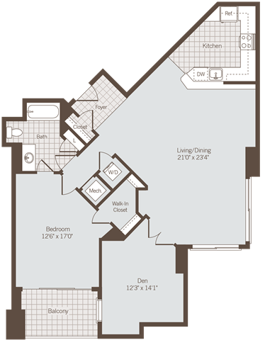 1 bedroom 1 bath floor plan at Bennett Park Apartments, Arlington, 22209