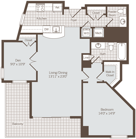 1 bedroom 1 bath floor plan L at Bennett Park Apartments, Virginia, 22209