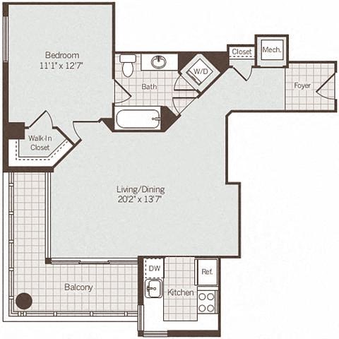 1 bedroom 1 bath floor plan Hat Bennett Park Apartments, Arlington, 22209