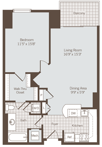 1 bedroom 1 bath floor plan G at Bennett Park Apartments, Arlington, VA