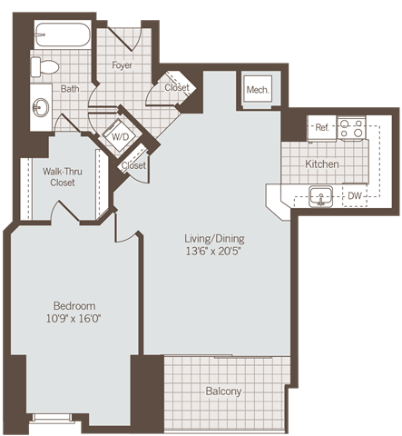 1 bedroom 1 bath floor plan C at Bennett Park Apartments, Arlington, 22209