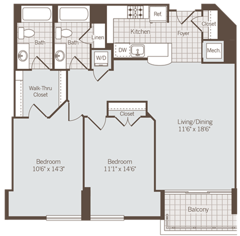 2 bed 2 bath floor plan D at Bennett Park Apartments, Virginia, 22209