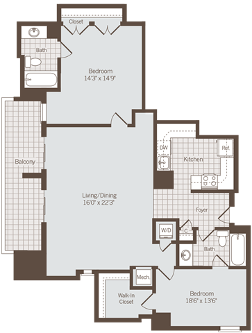 2 bed 2 bath floor plan A at Bennett Park Apartments, Arlington, Virginia
