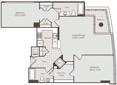 2 bed 2 bath floor plan E at Bennett Park Apartments, Arlington, VA, 22209