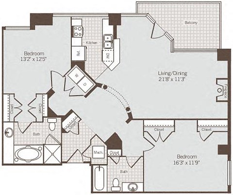2 bed 2 bath floor plan Iat Bennett Park Apartments, Arlington