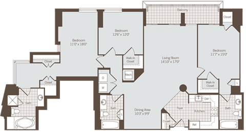 3 bed 3 bath floor plan Aat Bennett Park Apartments, Arlington
