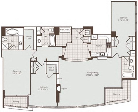 3 bed 3 bath floor plan at Bennett Park Apartments, Arlington, VA, 22209