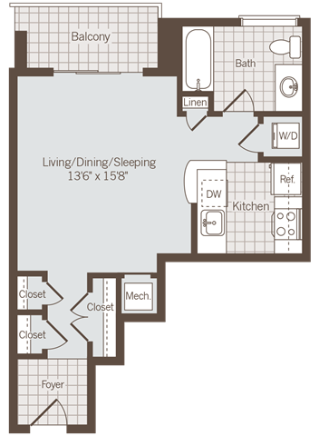 Studio 1 bath floor plan D at Bennett Park Apartments, Arlington, 22209