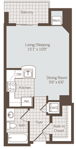 Studio 1 bath floor plan at Bennett Park Apartments, Arlington, Virginia
