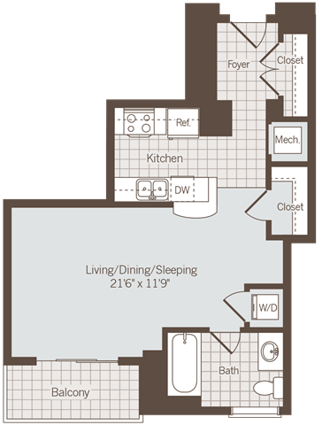 Studio 1 bath floor plan a at Bennett Park Apartments, Arlington