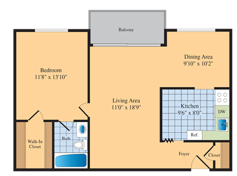 1 bed 1 bath floor planat Roosevelt Towers Apartments, Falls Church, Virginia
