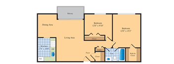 2 bed 2 bath floor plan A at Roosevelt Towers Apartments, Virginia
