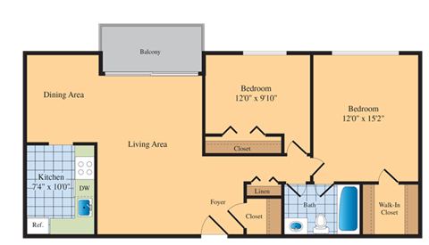 2 bed 2 bath floor plan A at Roosevelt Towers Apartments, Virginia