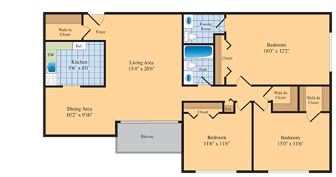 3 bed floor plan at Roosevelt Towers Apartments, Virginia, 22044
