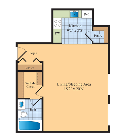 Studio 1 bath floor planat Roosevelt Towers Apartments, Falls Church, 22044