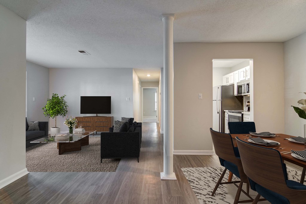 Living room and dinning room at Elme Marietta Apartments, Marietta, GA.