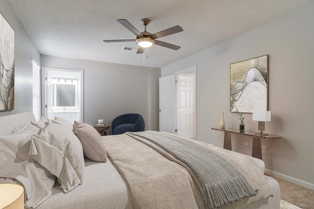 Master bedroom in neutral colors at Elme Marietta Apartments, Marietta, GA, 30067
