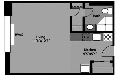 Studio - S1C Floor Plan at The Kenmore, Washington, 20015