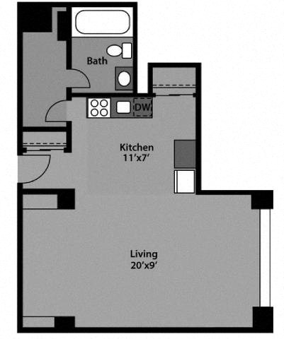 Studio - S1E Floor Plan at The Kenmore, Washington, DC, 20015