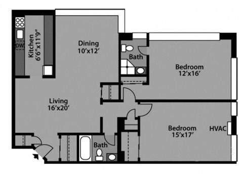2 Bed / 1.5 Bath - B2D Floor Plan at The Kenmore, Washington, Washington