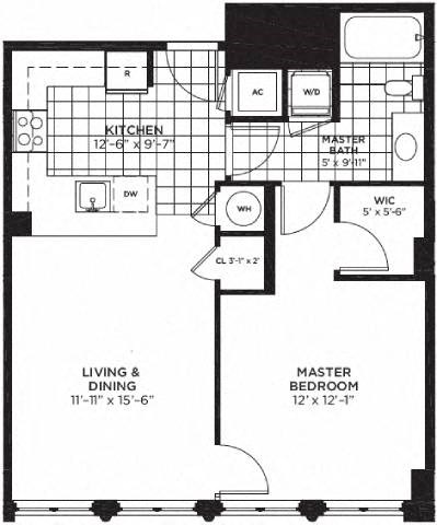 1 bed 1 bath floor plan A at Yale West, Washington, 20001