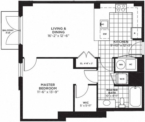 1 bed 1 bath floor plan D at Yale West, Washington, DC, 20001