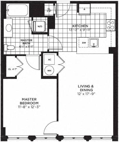 1 bed 1 bath floor plan at Yale West, Washington, 20001