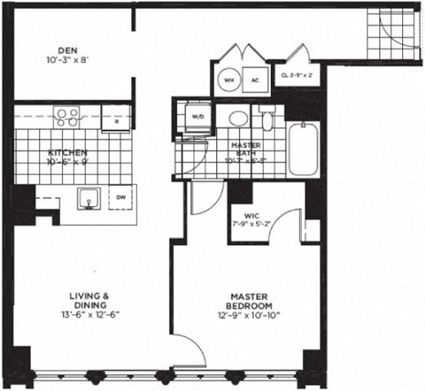 1 bed 1 bath floor plan L at Yale West, Washington, 20001