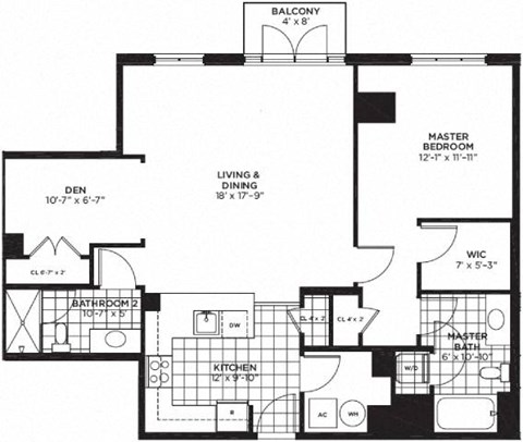 1 bedroom 2 bathroom Floor plan at Yale West, Washington