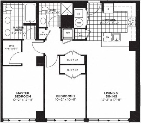 2 bedroom 2 bathroom Floor plan A at Yale West, Washington, 20001