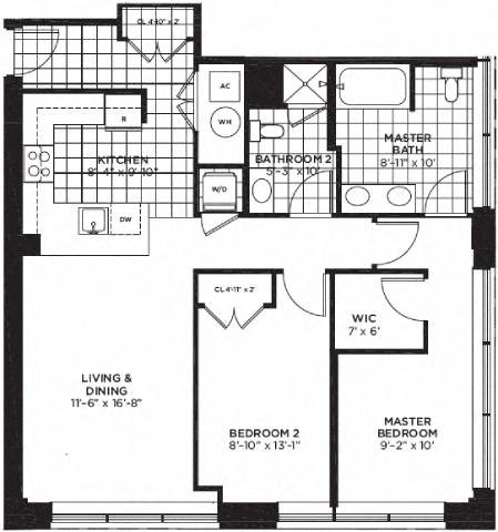 2 bedroom 2 bathroom Floor plan F at Yale West, Washington, 20001