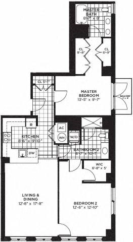 2 bedroom 2 bathroom Floor plan G at Yale West, Washington, DC, 20001