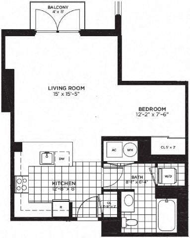 Studio 1 bathroom floor plan C at Yale West, Washington, DC, 20001