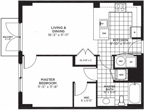 1 bed 1 bath floor plan B at Yale West, Washington, DC