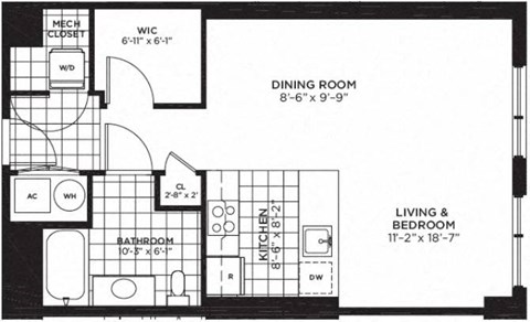 Studio 1 bathroom floor plan B at Yale West, Washington, 20001