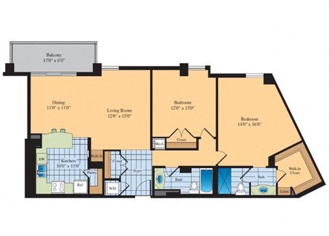 blueprint of a 4 bedroom 2 bath 2100 sq ft floor plan at The Ashby at McLean, Virginia