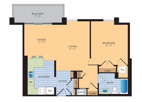 blueprint of a 1 bedroom apartment at The Ashby at McLean, McLean, 22101