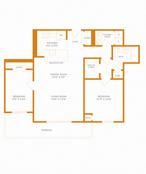 1000 Sq. Ft. Unit - 2 Bedroom 1 Bathroom Floor Plan at The Paramount, Arlington, VA, 22202