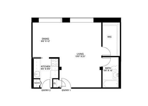 Studio 1 bathroom floor plan F at Wellington Apartments, Arlington, VA, 22204