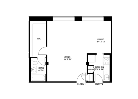 Studio 1 bathroom floor plan G at Wellington Apartments, Arlington, VA