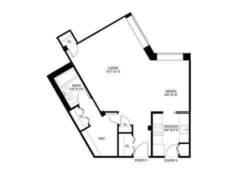 Studio 1 bathroom floor plan at Wellington Apartments, Arlington, VA
