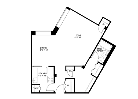 Studio 1 bathroom floor plan D at Wellington Apartments, Virginia