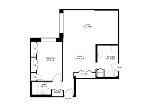 1 bedroom 1 bathroom Floor plan at Wellington Apartments, Virginia, 22204