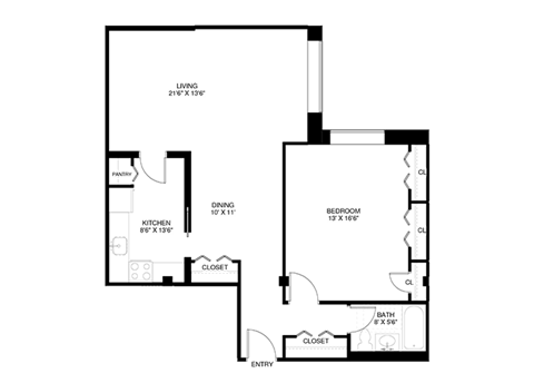 1 bedroom 1 bathroom Floor plan B at Wellington Apartments, Arlington, VA