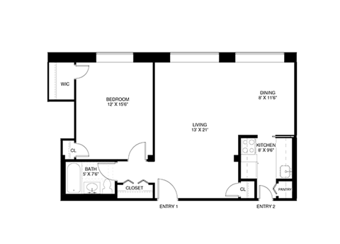 1 bedroom 1 bathroom Floor plan D at Wellington Apartments, Arlington, Virginia