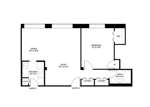 1 bedroom 1 bathroom Floor plan F at Wellington Apartments, Virginia